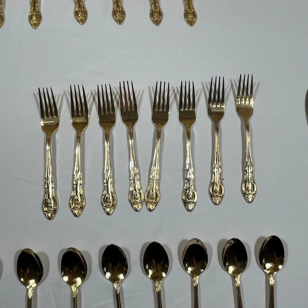 H.S. LTD Flatware Set Unisex 45pc Gold Ornate Floral Scroll Stainless Steel